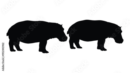 Two hippopotamuses are depicted in a stark black silhouette against a white background