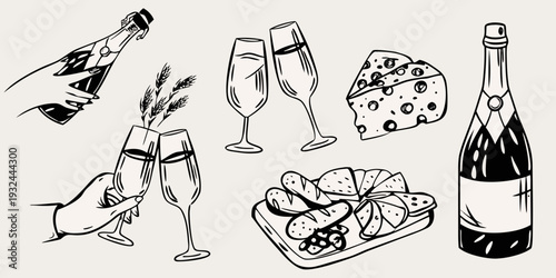 Celebratory sketch featuring champagne cheese and a festive toast