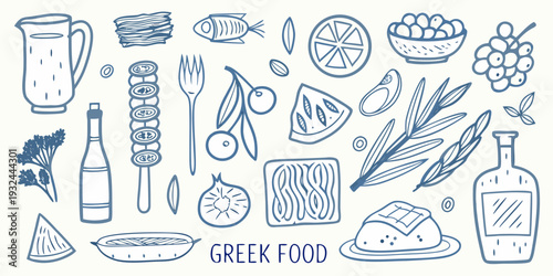 A collection of hand drawn greek food items and culinary ingredients
