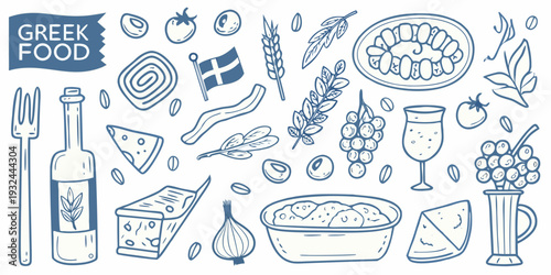 A colorful doodle illustration of traditional greek cuisine and ingredients