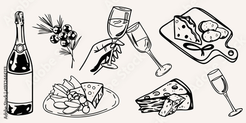 Celebratory sketch of champagne olives cheese and various appetizers
