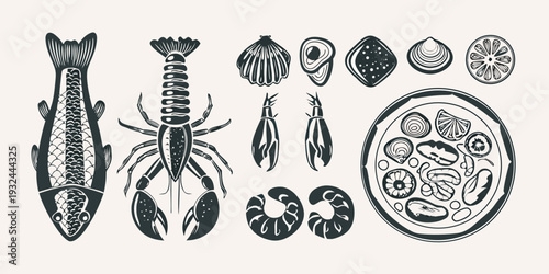 Vintage style illustration of various seafood and shellfish arrangements