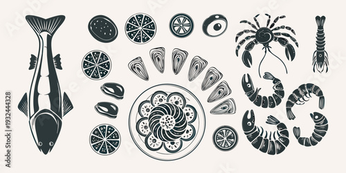 A collection of monochrome seafood illustrations including fish shellfish and citrus