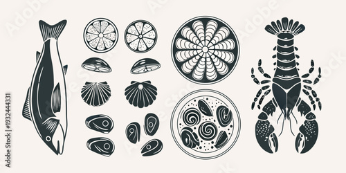 Black and white illustration of various seafood and shell arrangements