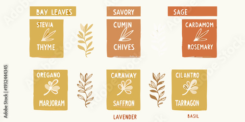 Illustrated herb and spice labels with botanical drawings and text