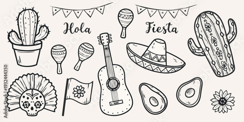 A collection of hand drawn fiesta elements including cacti maracas and a guitar