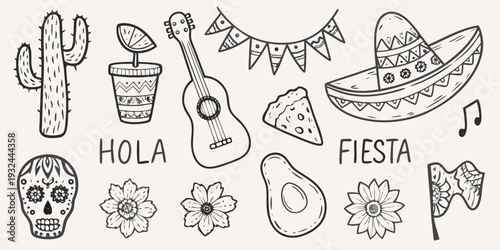 A collection of hand drawn mexican themed doodles and festive elements