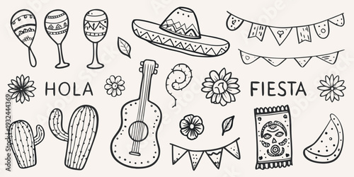 A collection of hand drawn mexican themed illustrations and lettering