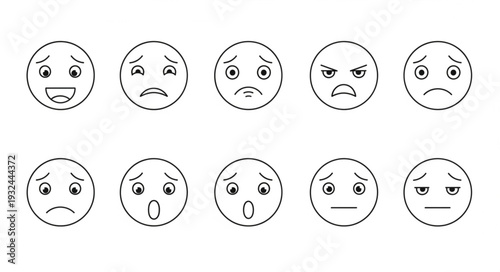Collection of various outlined emoji faces expressing different emotions.