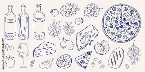 A hand drawn collection of wine cheese fruit and pizza sketches