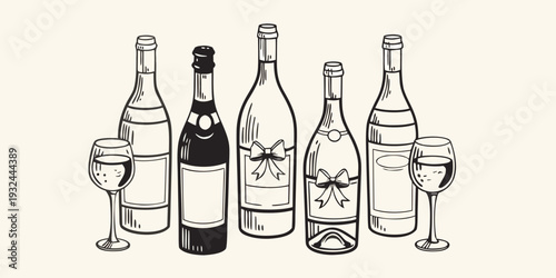 An artistic line drawing of various wine bottles and glasses