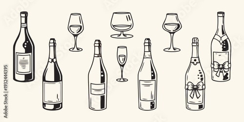 Collection of hand drawn wine bottles and glasses in black and white