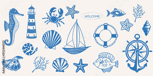 A collection of blue nautical illustrations including shells boats and sea creatures