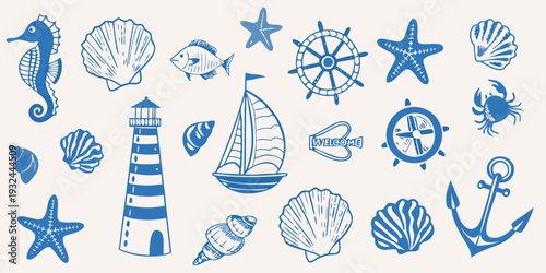 Collection of blue nautical illustrations featuring shells boats and sea creatures