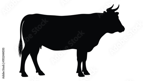 A silhouette of a cow depicted in a stark black shape against a white background