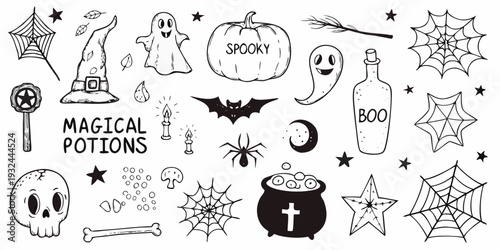 A collection of hand drawn halloween elements including ghosts potions and spiders