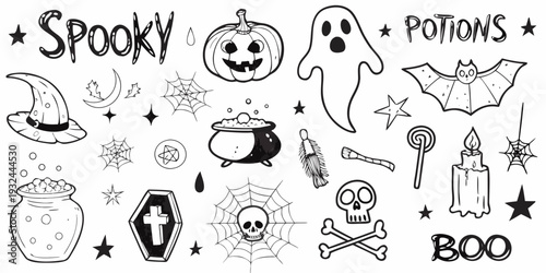 A collection of hand drawn halloween elements and spooky potion ingredients