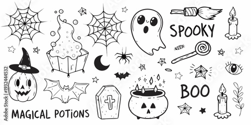 Hand drawn halloween elements including pumpkins ghosts and spooky magical items