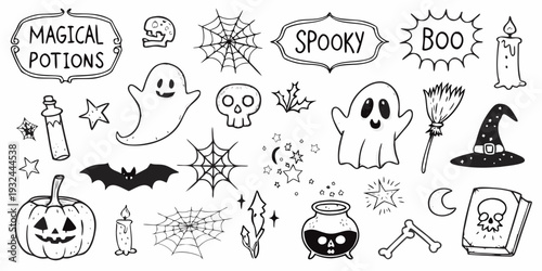 Hand drawn halloween elements including ghosts potions and spooky decorations