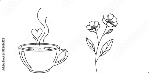 A steaming cup of coffee or tea next to a bouquet of flowers