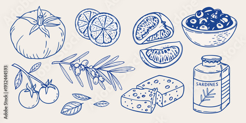 A collection of sketched mediterranean foods tomatoes citrus olives and sardines