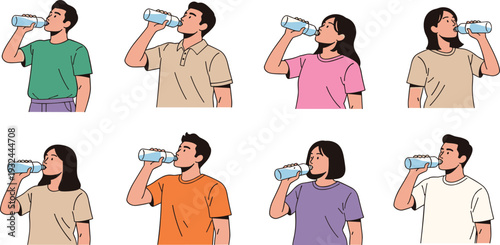 Illustration Set of Diverse Young Men and Women Drinking Fresh Water from Plastic Bottles for Health and Hydration Concept Design