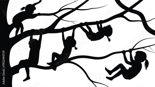 Children playing outdoors climbing tree silhouette, kids swinging branches nature fun, childhood activity illustration, joyful outdoor playtime, family lifestyle concept