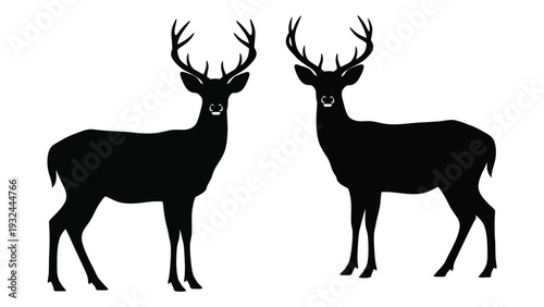 Two black silhouettes of majestic deer with large antlers facing forward