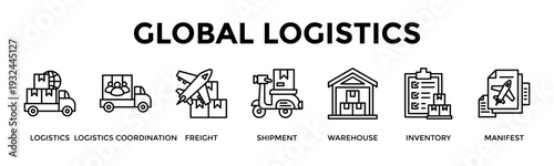 Global Logistics Banner Web Icon Set Collection Pack Vector Illustration Concept For Logistics, Logistics Coordination, Freight, Shipment, Warehouse, Inventory, Manifest