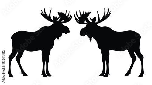 Two majestic moose facing each other depicted as black silhouettes against a white background