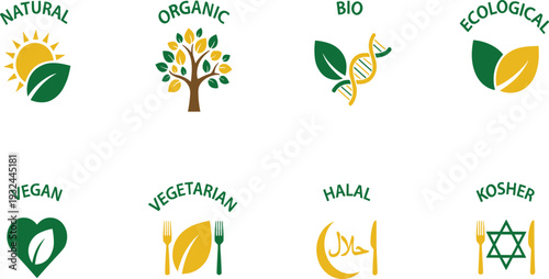 Natural and Organic Food Label Set with Vegan, Vegetarian, Halal, Kosher, Bio, and Ecological Icons for Healthy Product Packaging