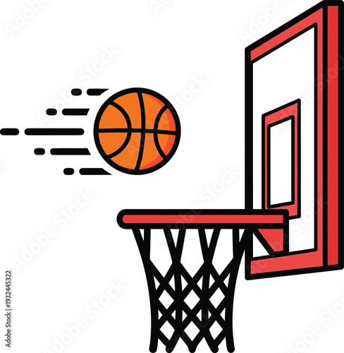 A basketball flying through the air towards a red hoop and backboard in a simple icon style.