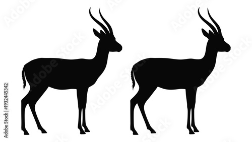 Two silhouettes of graceful gnus or wildebeest facing opposite directions