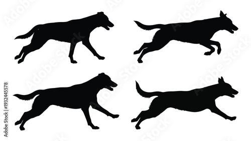 Four silhouettes of german shepherd dogs in various running poses