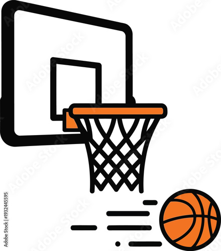 Basketball hoop with net and backboard and a ball flying towards the goal in a minimalist style