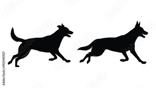 Two black silhouettes of dogs in a running or playful pose against a white background