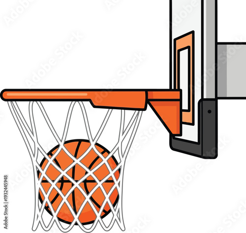 Basketball falling through the hoop and net after a successful shot in a game