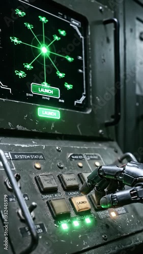 Ai warfare military autonomous drone swarm control panel launch button glow anxiety robotic hand press combat command interface green radar screen harsh light war machine technology