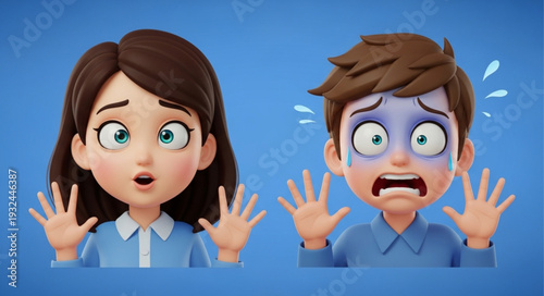 Cartoon characters express shock and fear with wide eyes and open mouths.