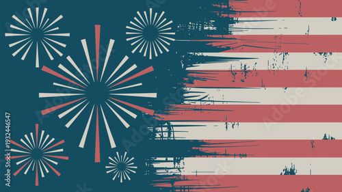 A vibrant illustration of the American flag with fireworks on a dark blue background for Independence Day celebrations