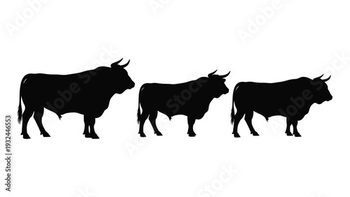 Three black silhouettes of cattle standing in a row against a white background