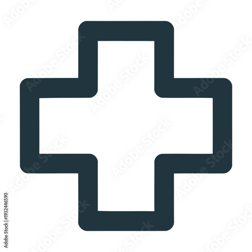 A thick dark blue plus sign symbol with rounded corners on a white background