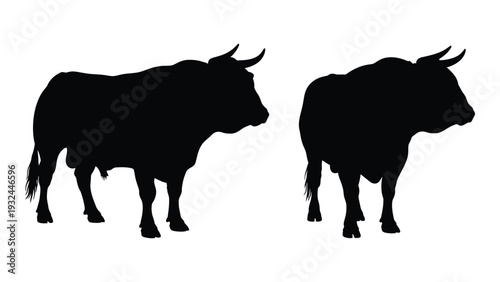 Two black silhouettes of bulls standing in profile facing opposite directions