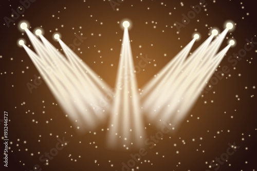Illustration of multiple spotlights shining brightly on a dark background with stars