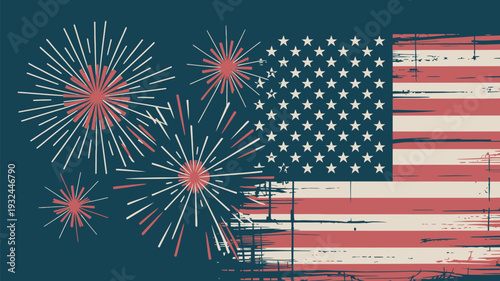 A vibrant illustration of the American flag with fireworks on a dark background celebrating independence