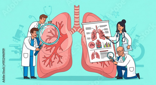 Medical professionals examining human lungs with magnifying glass and chart on blue background