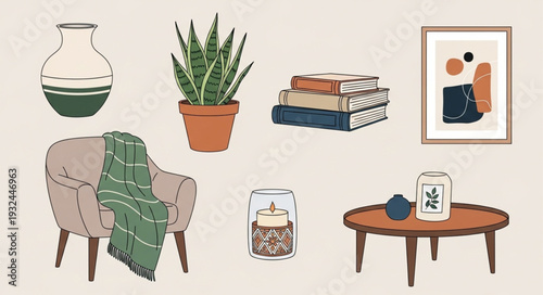 Cozy living room interior design with armchair, plants, and decorative elements.