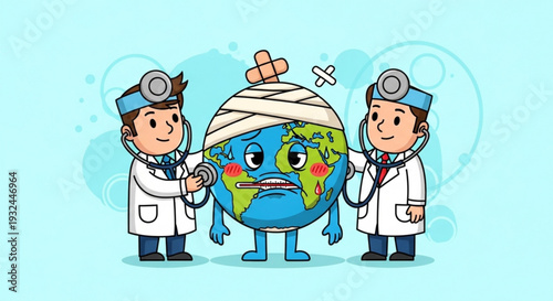 Cartoon earth with bandages and thermometer being examined by doctors in lab coats on blue background