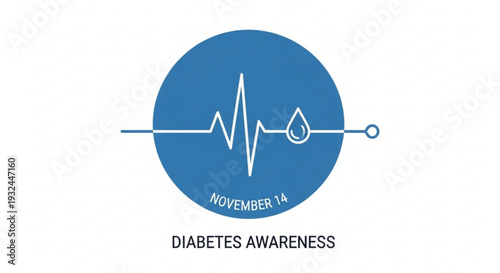 Diabetes awareness symbol with heartbeat line and drop of blood on november 14th blue circle icon white background