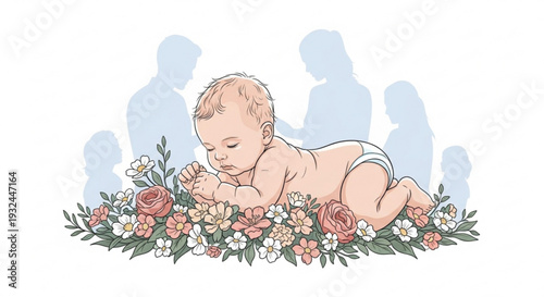 Newborn baby lying on floral arrangement with family silhouettes in soft background gentle illustration serene atmosphere pastel colors